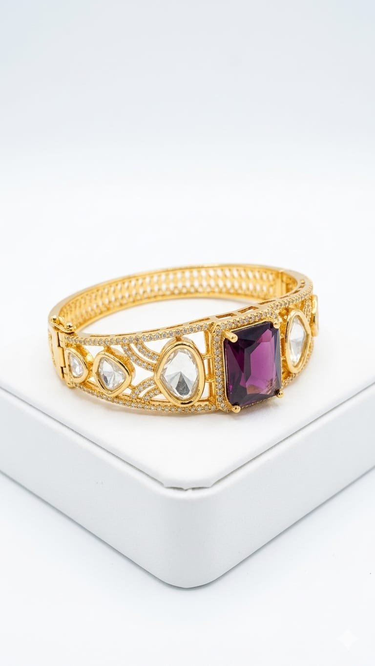 Gold-Plated Kundan With violet stone bracelet