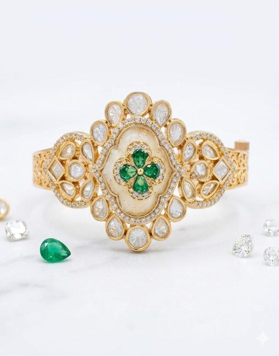Emerald and polki kundan bracelet