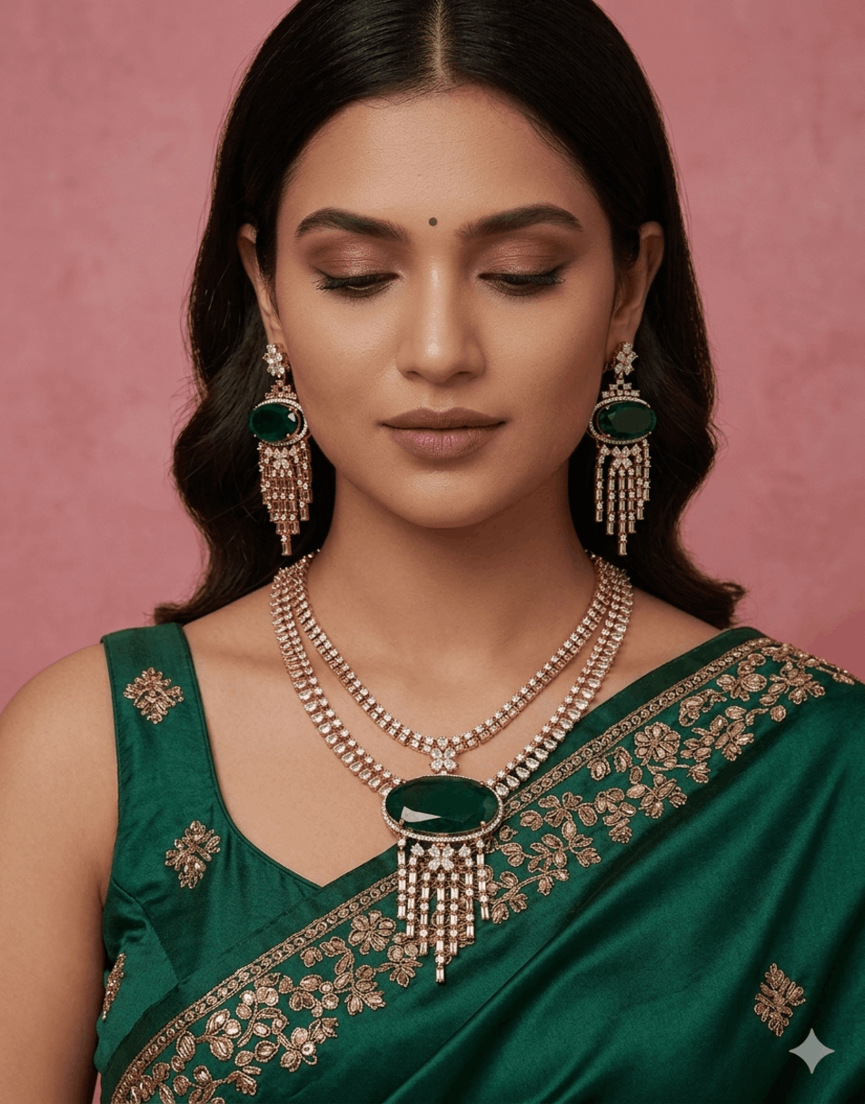 CZ Diamond and Emerald Necklace Set