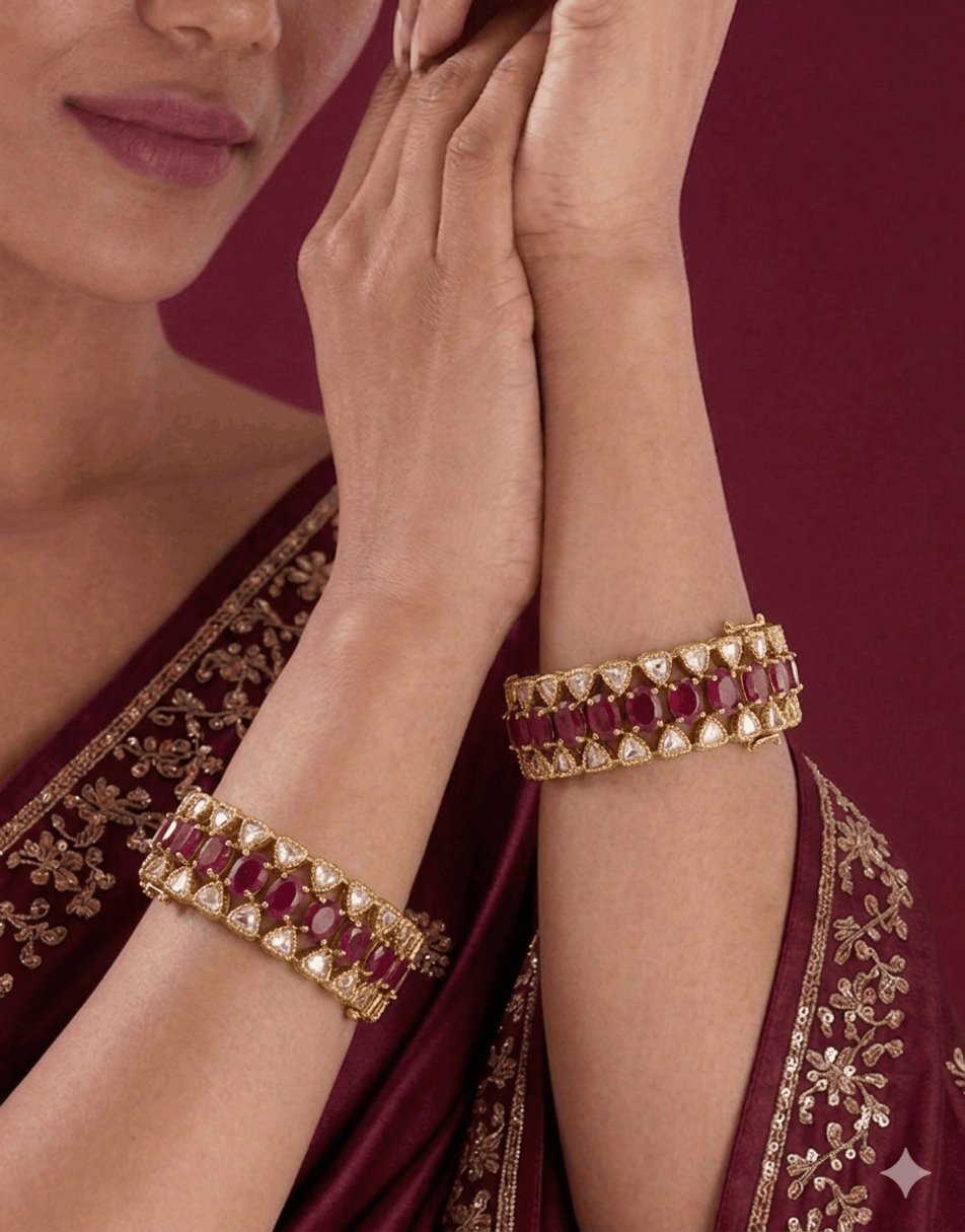 Mossionite Stone With Ruby Stone Bangles