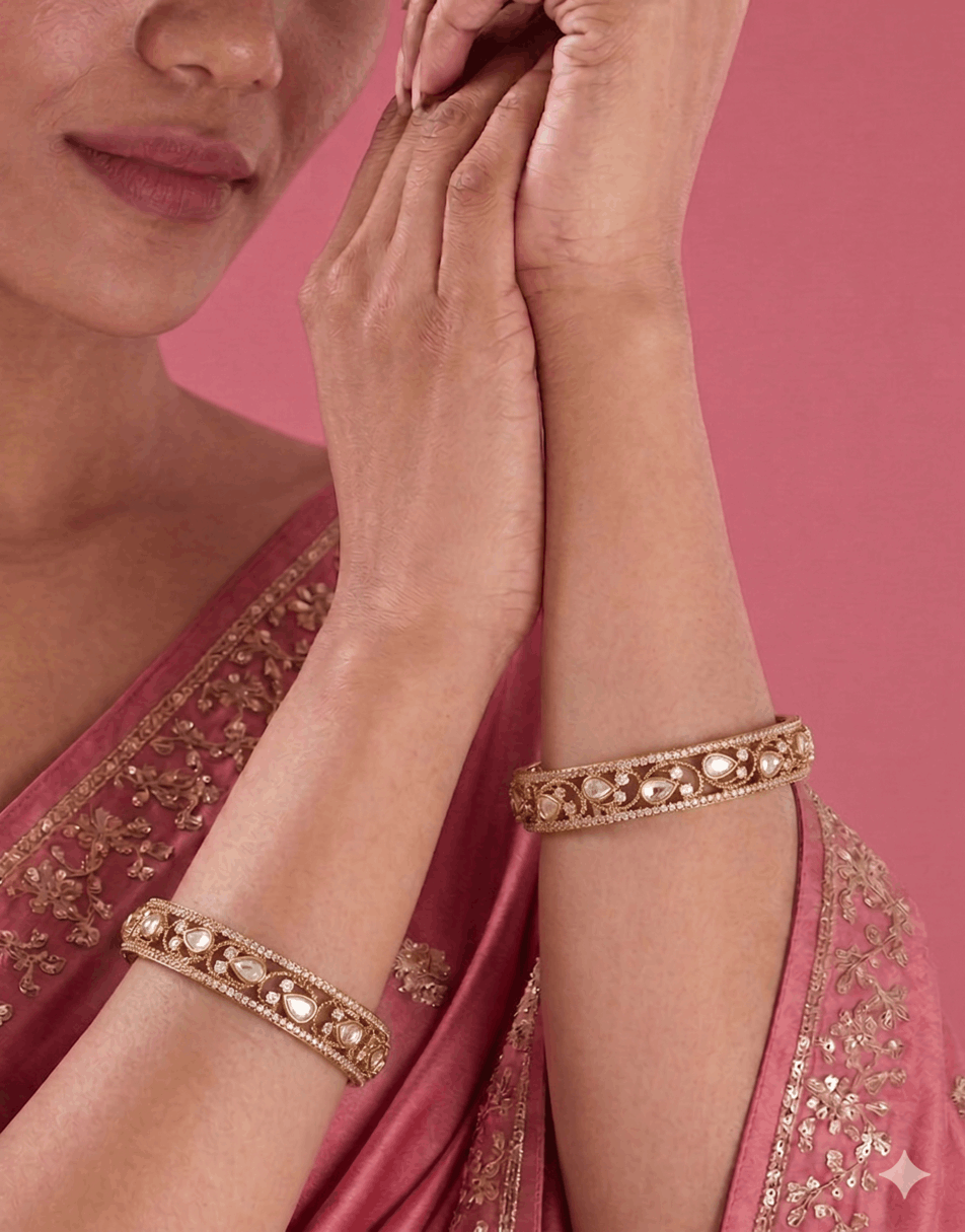 Mossionite Stone Polki With CZ Stone Bangles