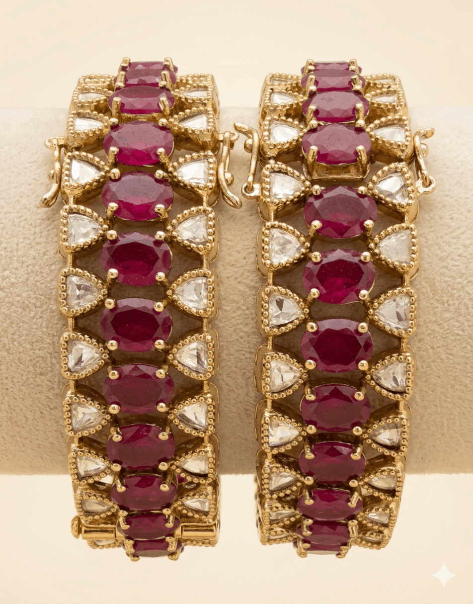 Mossionite Stone With Ruby Stone Bangles